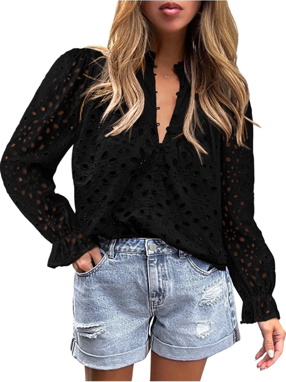 Black Eyelet V-Neck Long Sleeve Blouse by